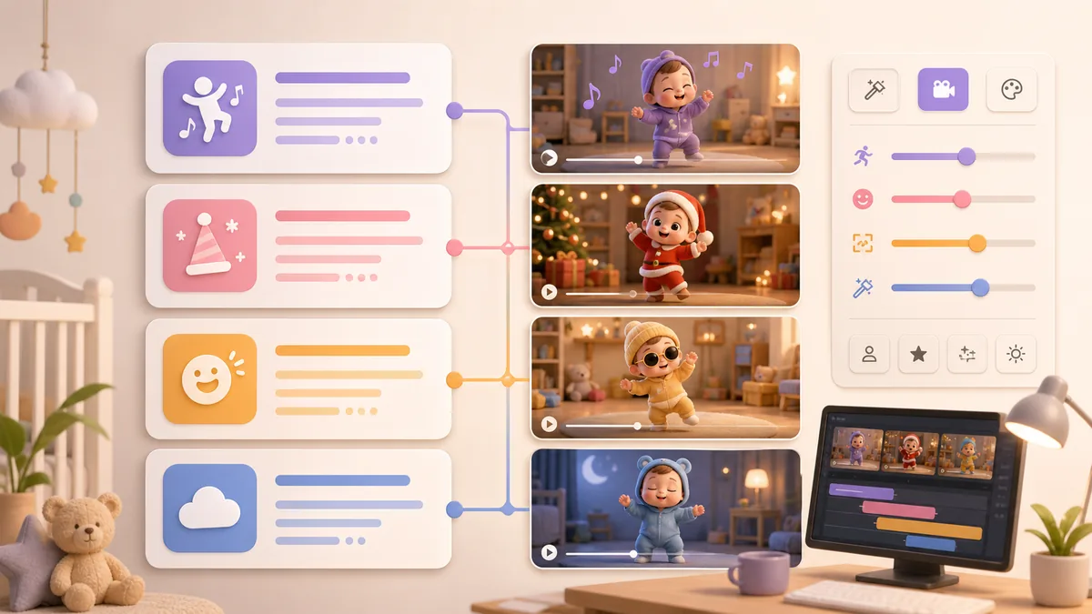 Seedance baby dance prompt cards connected to generated video examples