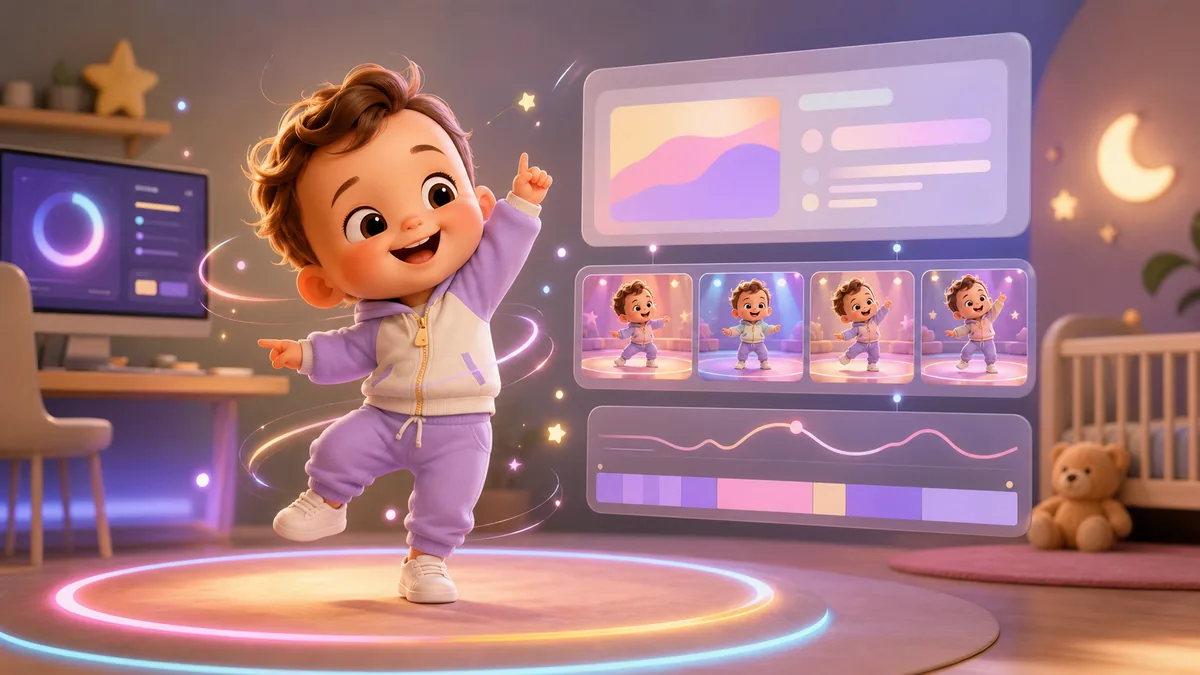 A stylized AI video workspace for Seedance baby dance prompt ideas